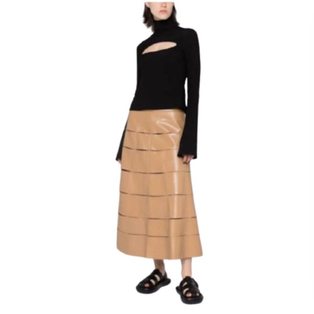 A.W.A.K.E Mode Multi Strap Midi Skirt Womens 40 Tan Vegan Leather A-Line Awake - Picture 15 of 15